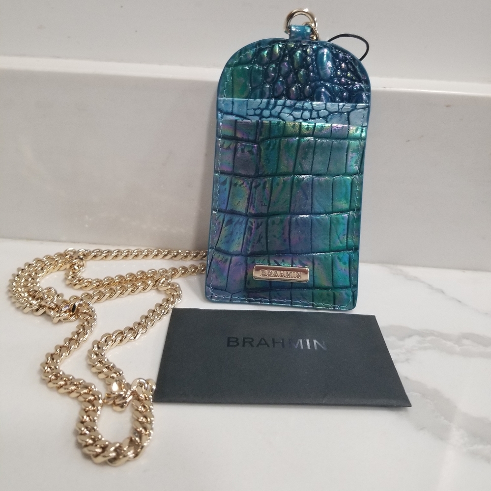 SOLD! NWT!Brahmin Stevie Blue Topaz Croc Embossed Leather ID Card Case Lanyard - Picture 1 of 15